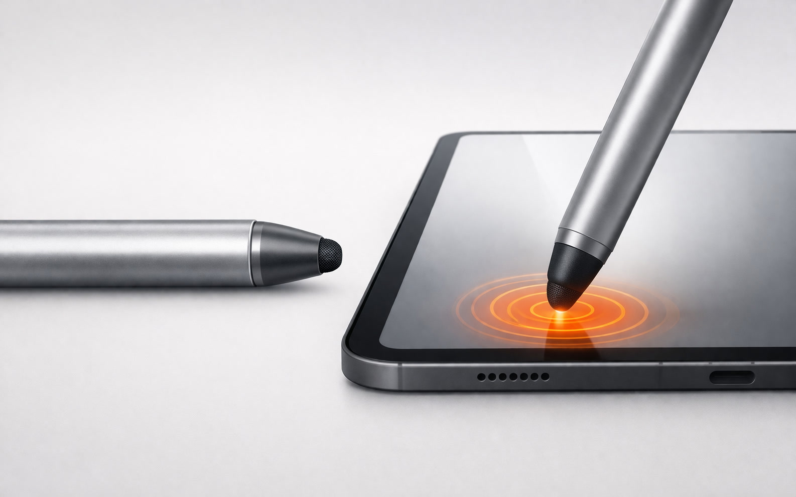 Passive stylus illustration showing a representative capacitive stylus shape and touch-only screen
    interaction