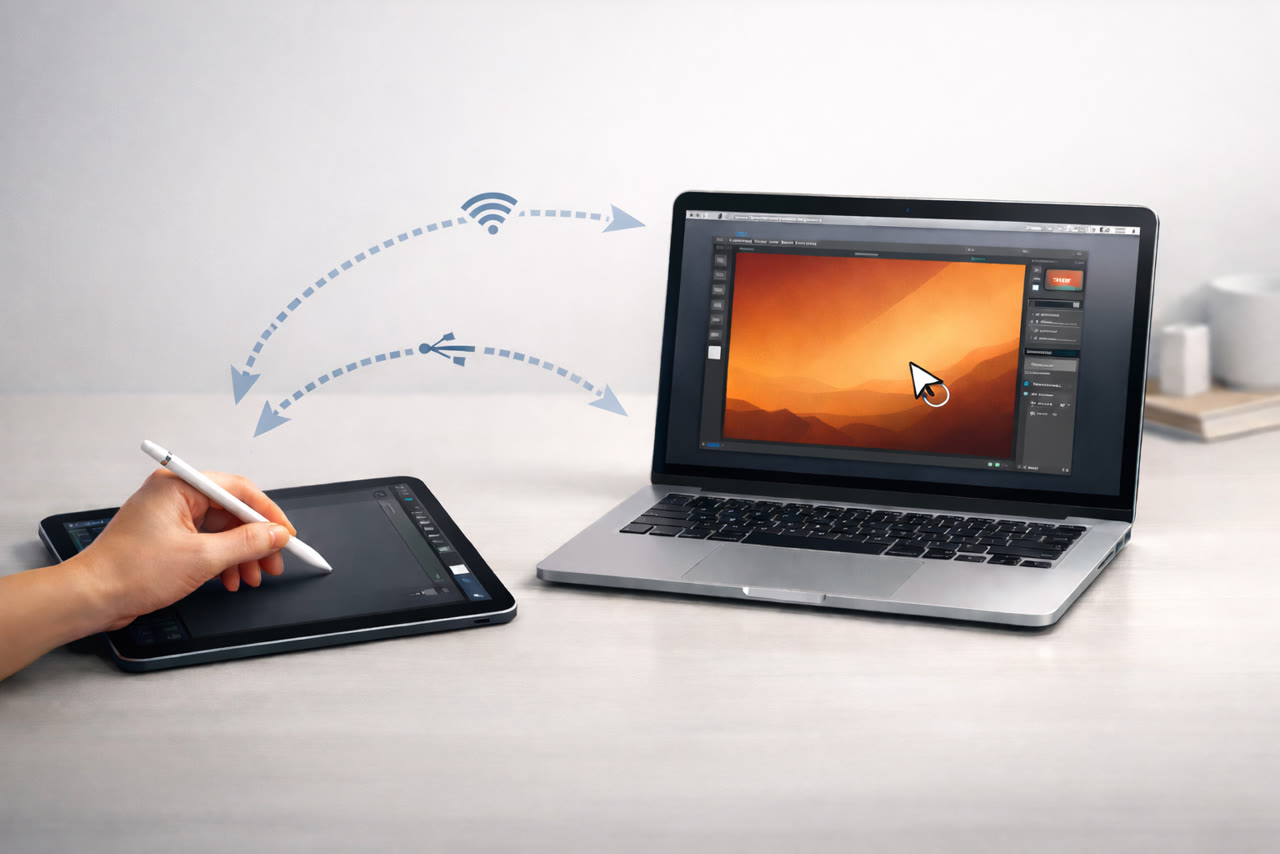 Astropad Slate workflow overview showing an iPad and Apple Pencil connected to a Mac-focused setup