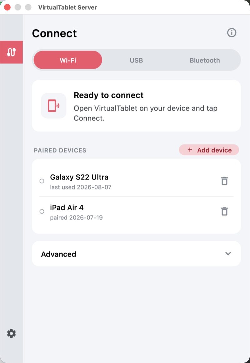 Der Tab “Verbinden” in VirtualTablet Server mit ausgewähltem WiFi