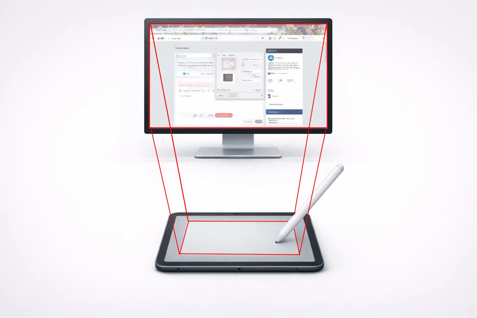 Diagrama que muestra el mapeo absoluto de pantalla, donde el área de la tableta se asigna directamente al área de la pantalla