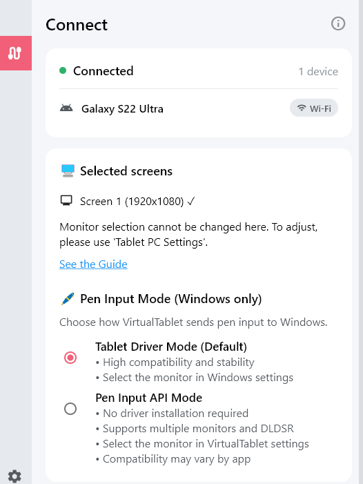 Réglage du mode de saisie au stylet dans VirtualTablet Server