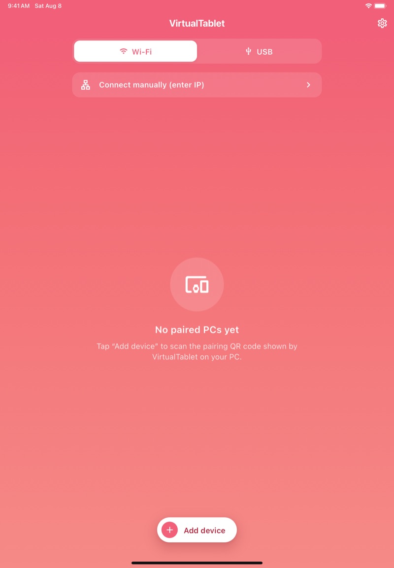 L’app VirtualTablet senza ancora PC abbinati e il pulsante Aggiungi dispositivo