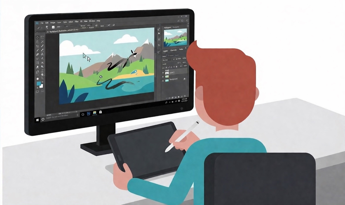 컴퓨터 화면을 미러링하지 않고 iPad와 스타일러스가 Bluetooth로 데스크톱 크리에이티브 소프트웨어에 펜 입력을 보내는 모습을 보여주는 다이어그램