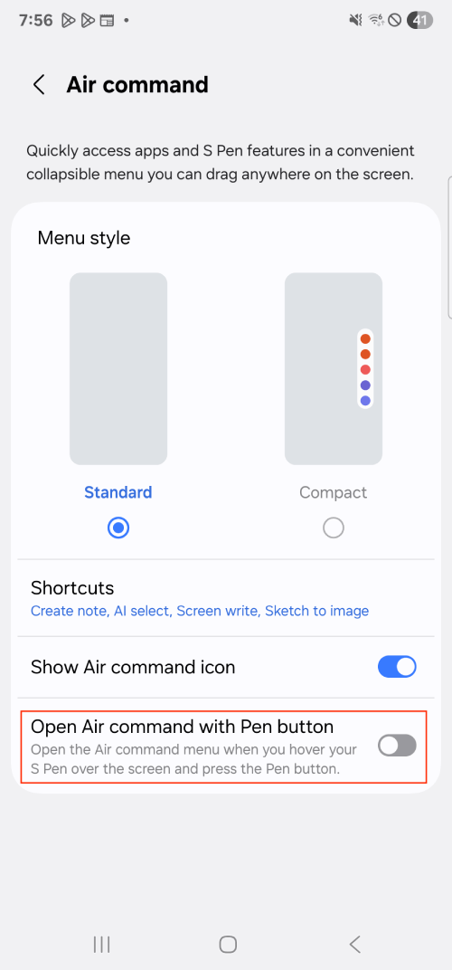 Отключить настройку Air command на планшете Samsung