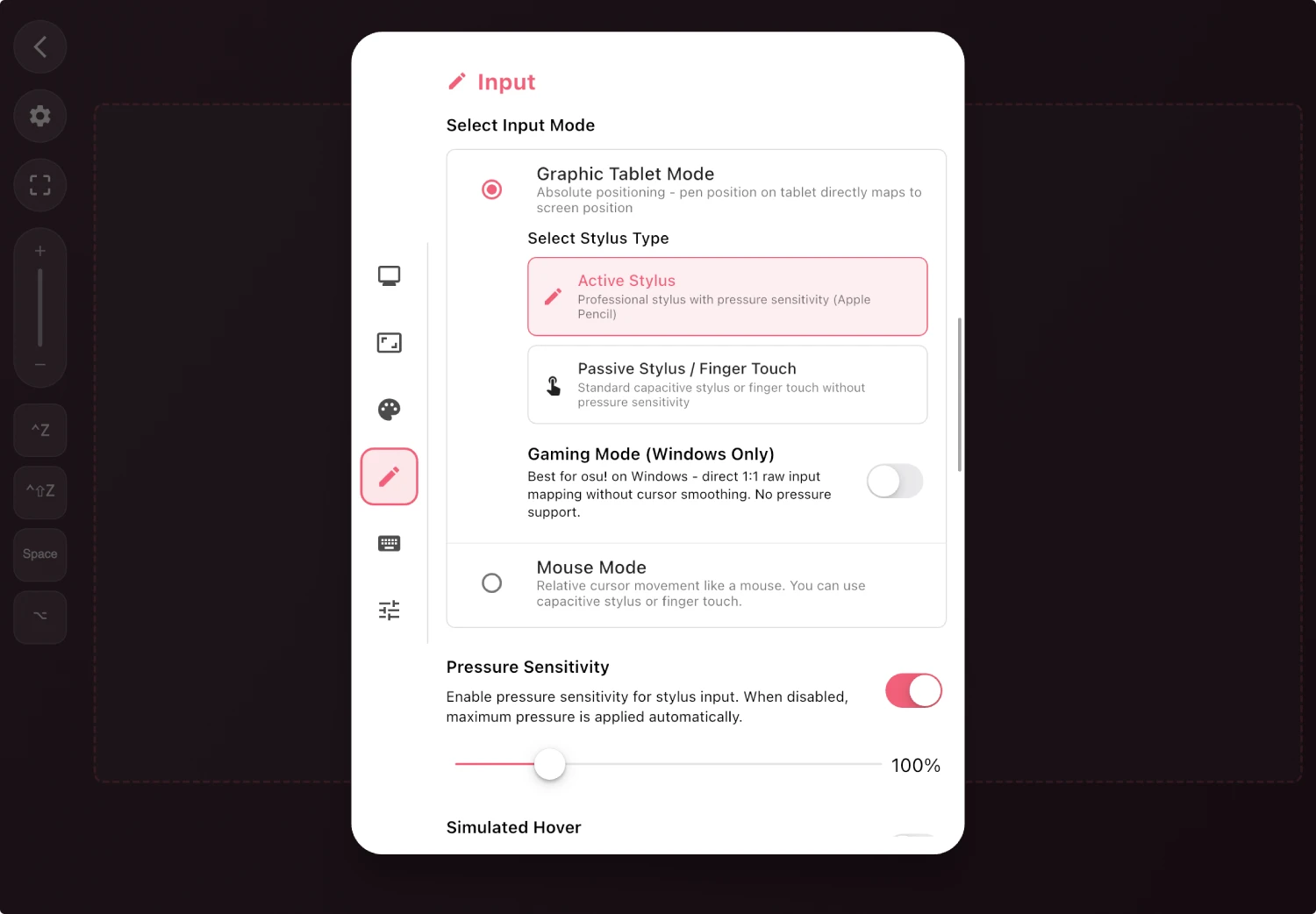 Grafik Tablet Modu ile Fare Modunu gösteren VirtualTablet: Bluetooth giriş modu seçim ekranı
