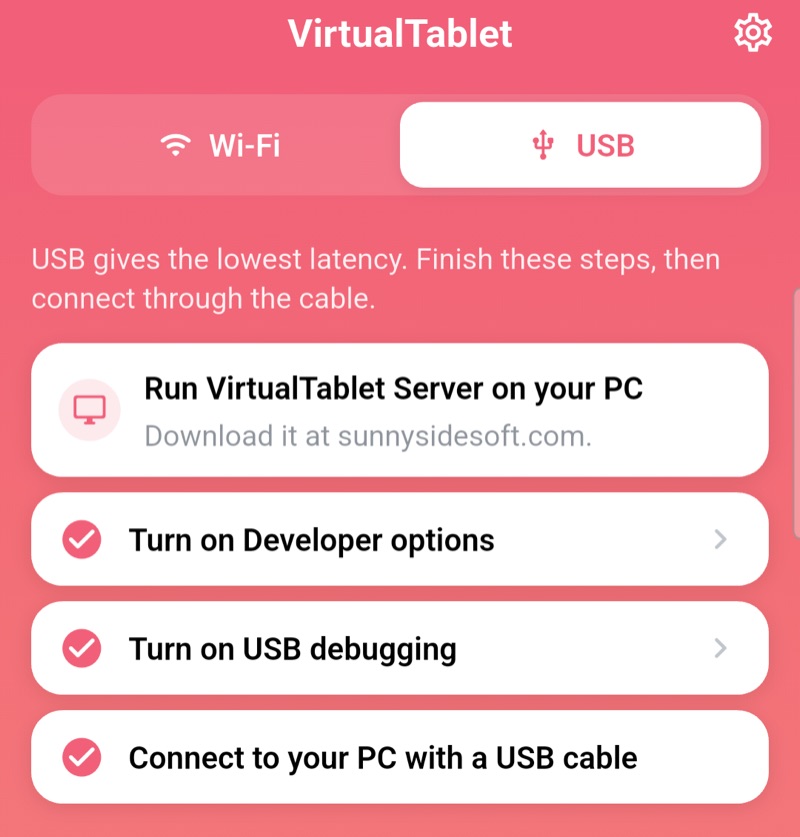 The USB checklist in the VirtualTablet Android app