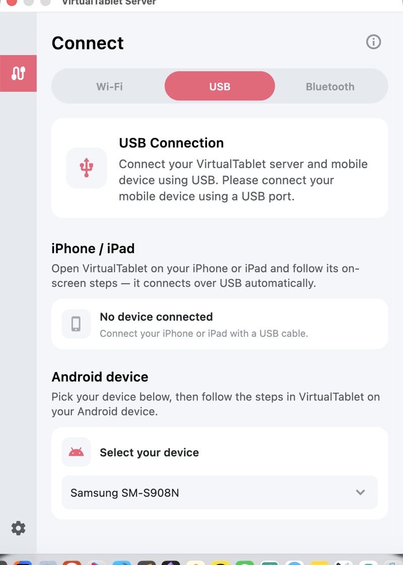 VirtualTablet Server USB tab with the iPhone/iPad and Android sections