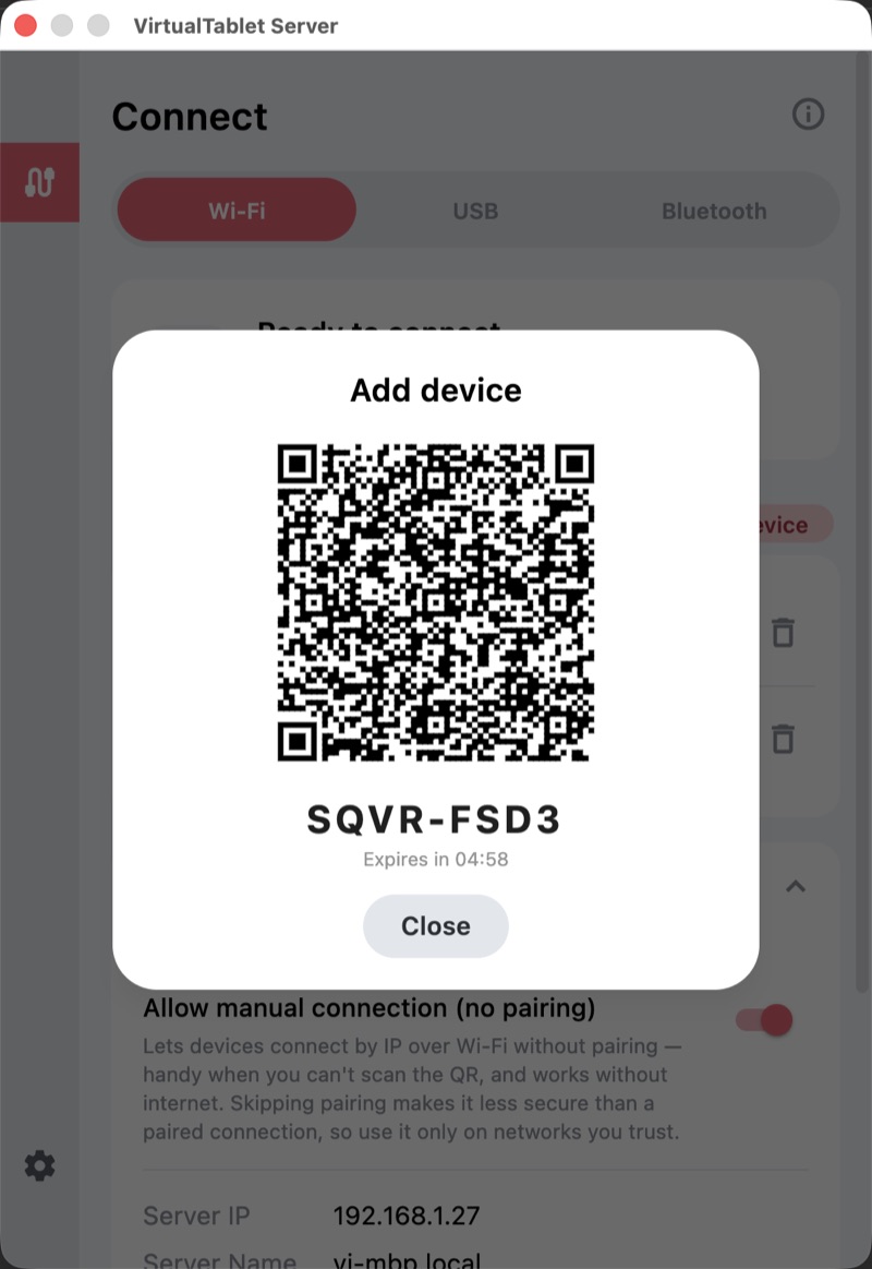 顯示配對用 QR code 與 8 個字元代碼的新增裝置視窗
